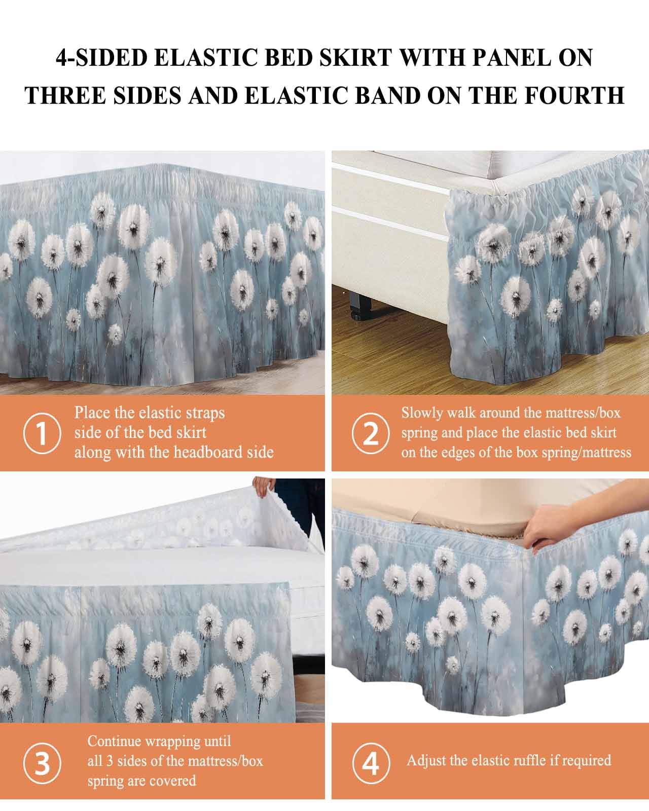 White Dandelion Wrap Around Bed Skirts for Queen Bed 16" Drop,Bed Skirt with Adjustable Elastic Belt Dust Ruffle Bed Valance for Bedroom Hotel Blue Oil Painting Retro Modern Art Bed Frame Cover