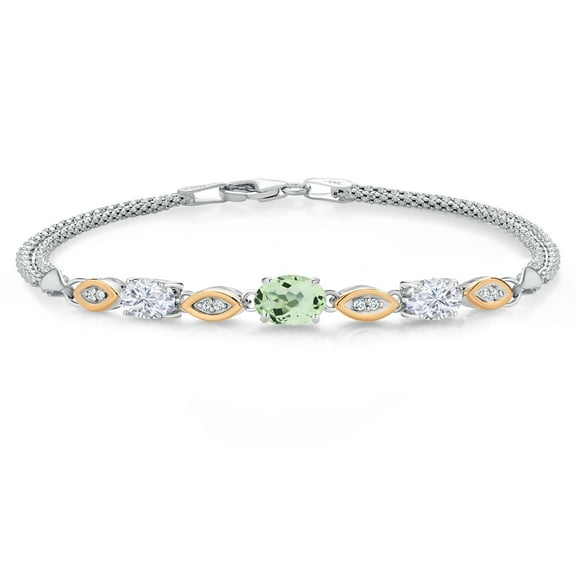 Gem Stone King 925 Silver and 10K Yellow Gold Green Prasiolite and White Moissanite and White Lab Grown Diamond Bracelet for Women (1.81 Cttw, Gemstone, Oval, Wheat Chain, 7.5 inches)