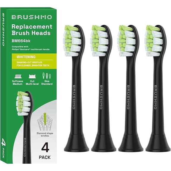 Brushmo Whitening Replacement Toothbrush Heads Compatible with Philips Sonicare Click-on Handles, Medium-Firm Diamond-Shaped DuPont Bristles, BM664, 4-Pack, Black