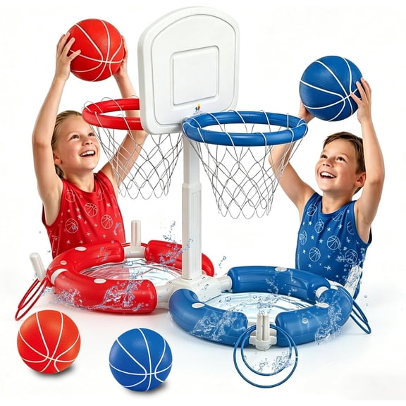 Dual Pool Basketball Hoop with Backboard for Boys Girls 2-in-1 Floating Pool Toys Ring Game 4 Balls 8 Rings & Pump Outdoor Swimming Pool Basketball Games Water Play Summer Toy for Adults and Family