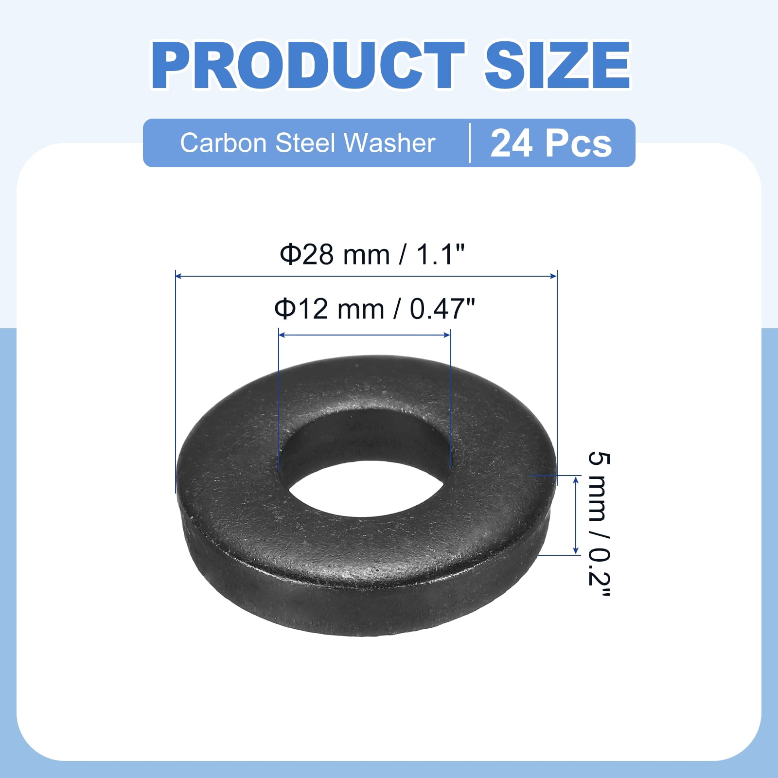 Uxcell 24pcs 1/2" Black Flat Washer for M12 Screw, Steel Metal Washers 12mm ID 28mm OD 6mm l for Industrial, Screws Bolts