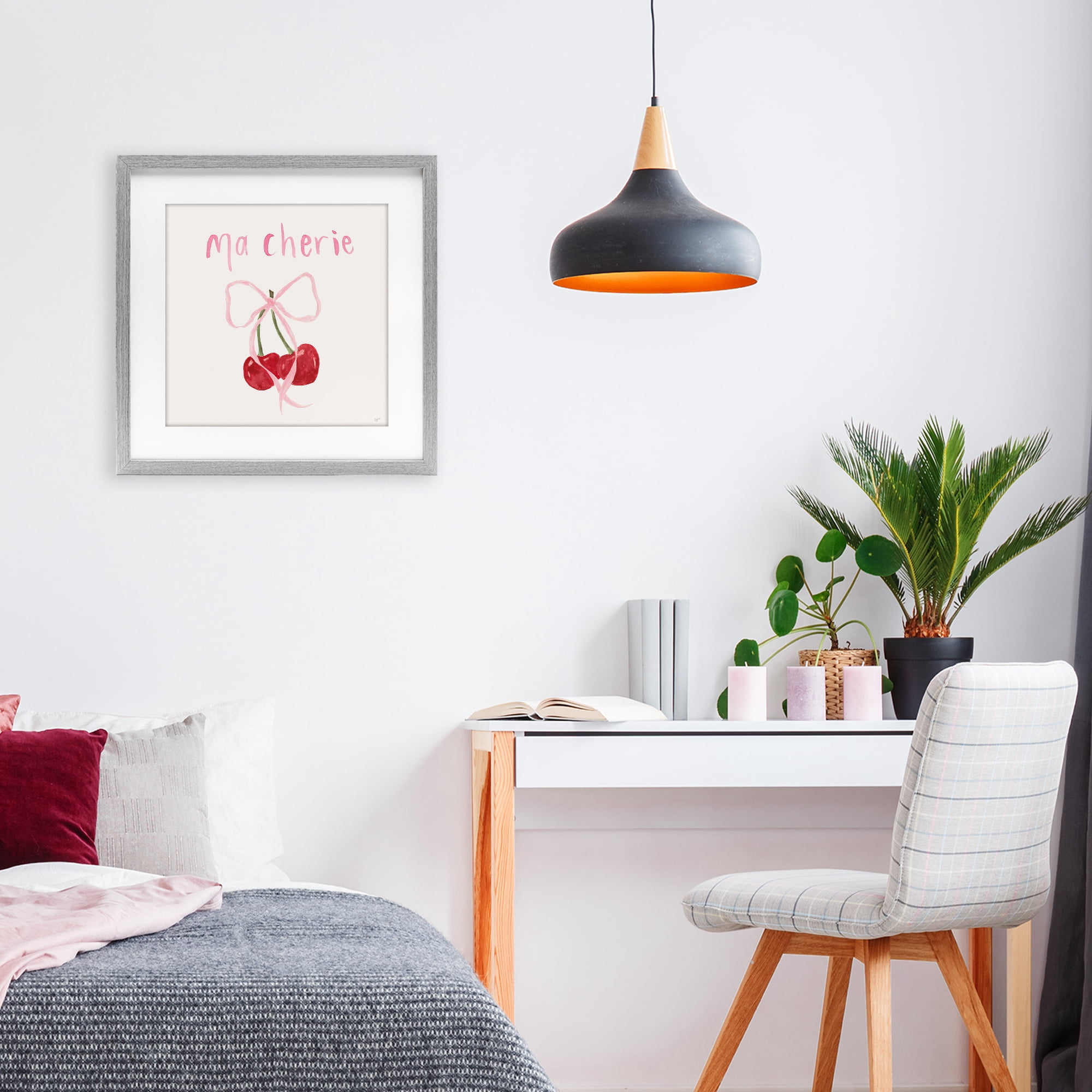 Stupell Industries Ma Cherie Ribboned Cherries Gray Framed Print Under Glass, design by Lucille Price