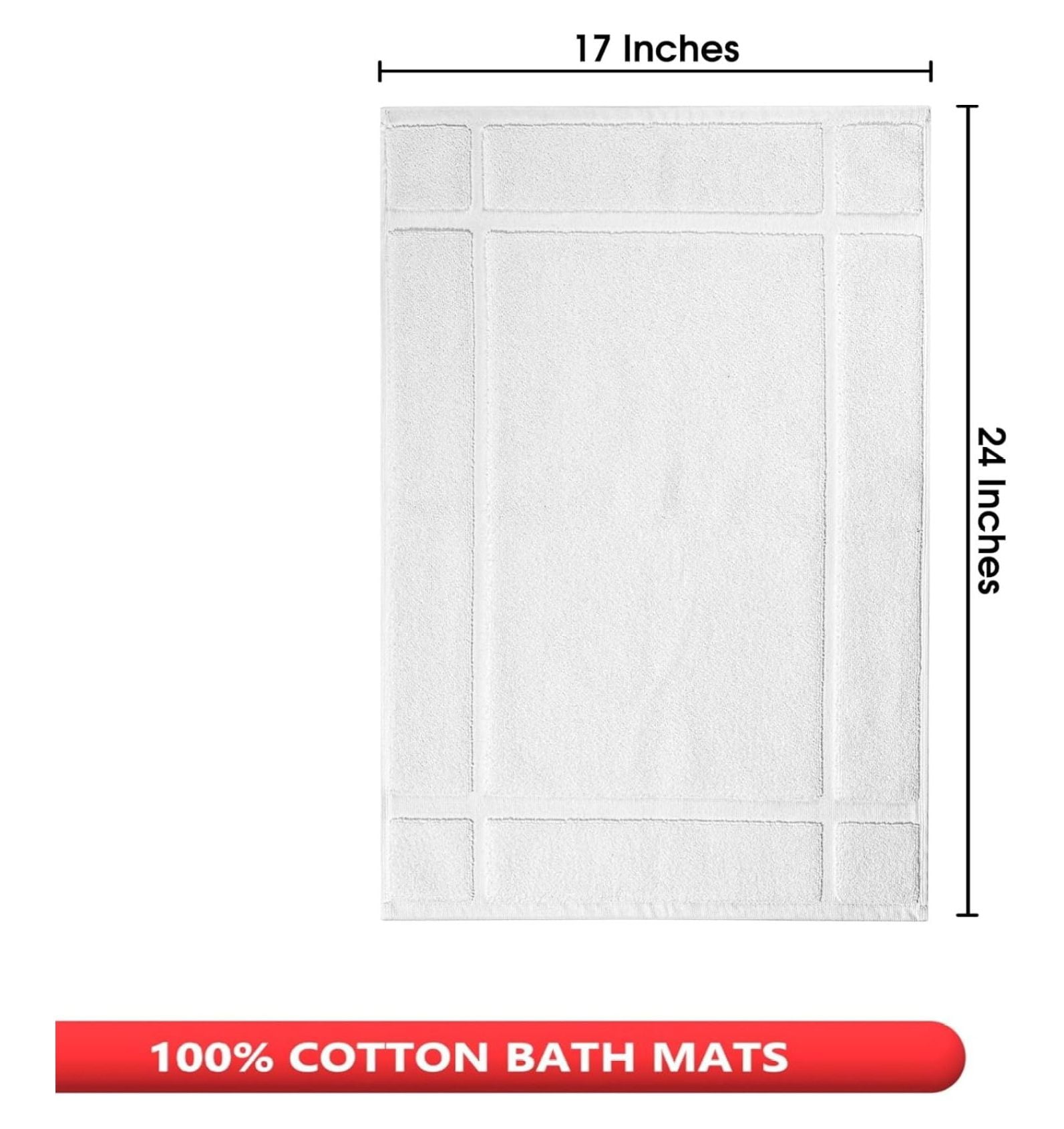 100% Cotton Bath Mats 24 x 17 Inches, Quick Dry, 1350 GSM Banded Border Shower Bathroom Floor Mat, Not Bathroom Rug - White, Pack of 6