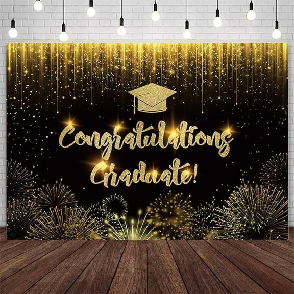 7x5ft Congratulation Graduate Backdrop Congrats Class of 2025 Graduation Photography Background Black Gold Bokeh Gliter Fierworks Congrats Grad Party Decorations Banner Photo Studio Props