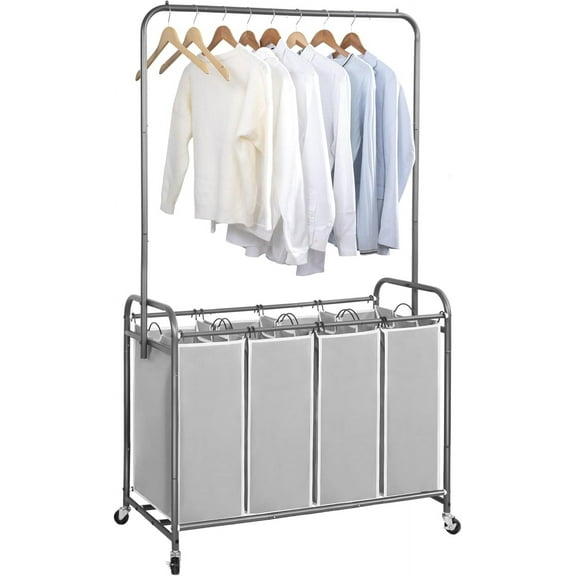 Laundry Sorter with Hanging Bar, Portable, Removable Laundry Hamper Cart with Heavy Duty Rolling Lockable Wheels and Removable Bags, Rolling Laundry Basket Organizer 181L, 4 Section