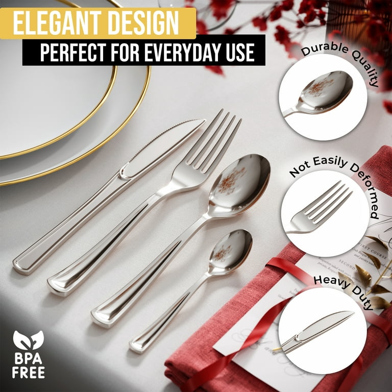 Exquisite Premium Plastic Silverware - Heavy Duty - Bulk Cutlery 120 Silver Plastic  Spoons 