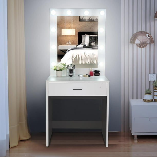 Ktaxon Vanity Table W 10 Led Lighted Mirror Makeup Dressing Set With Large Drawer Wood Bedroom Furniture Black White Com Ktaxon Vanity Table W 10 Led Lighted, Big Vanity Mirror With Lights And Drawers