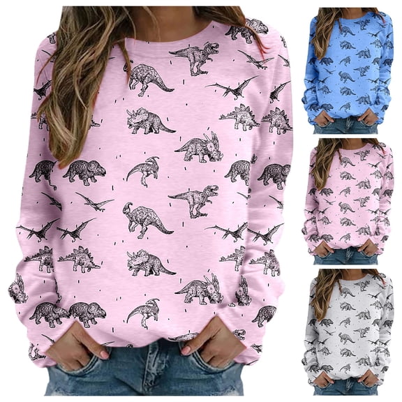 CAIXIA Dinosaur Oversized Sweatshirts for Women Loose Fit Cute Crewneck Sweaters Casual Tops Long Sleeve Pullover Letter Graphic Womens Hoodies Oversized Winter Clothing Outfits