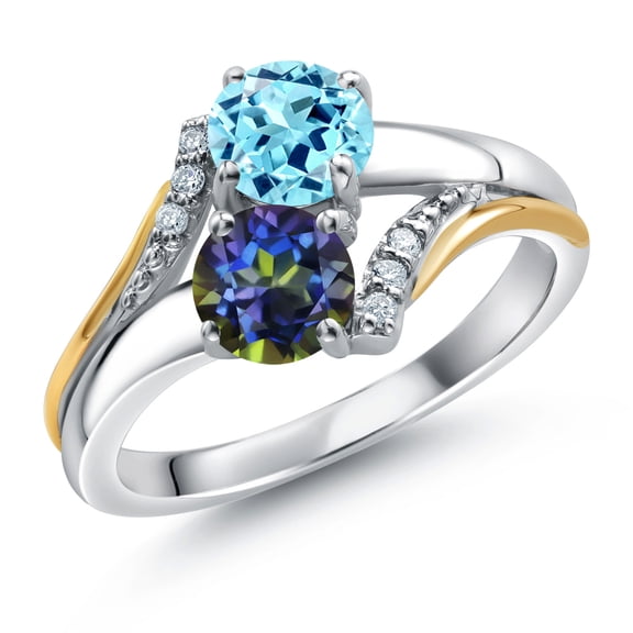 10K Yellow Gold and 925 Silver Blue Mystic Topaz and Blue Apatite and White Lab Grown Diamond Accent Engagement Ring for Women (1.02 Cttw, Gemstone November Birthstone, Round 5MM, Size 7)