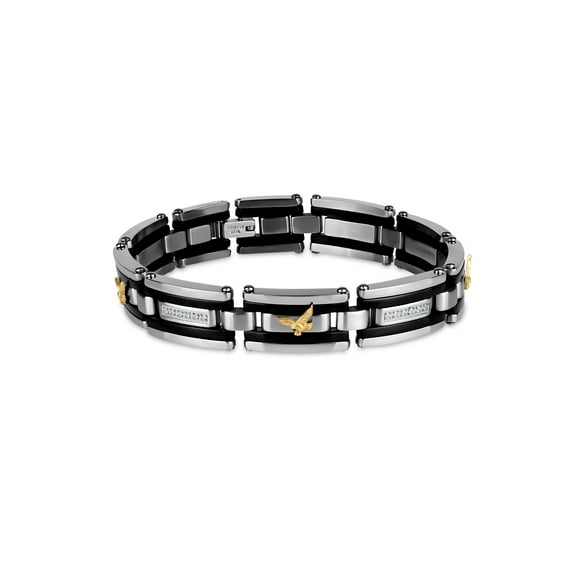 White CZ 316L Stainless Steel Black IP and Gold IP Eagle Railroad Link Bracelet, 8.5"