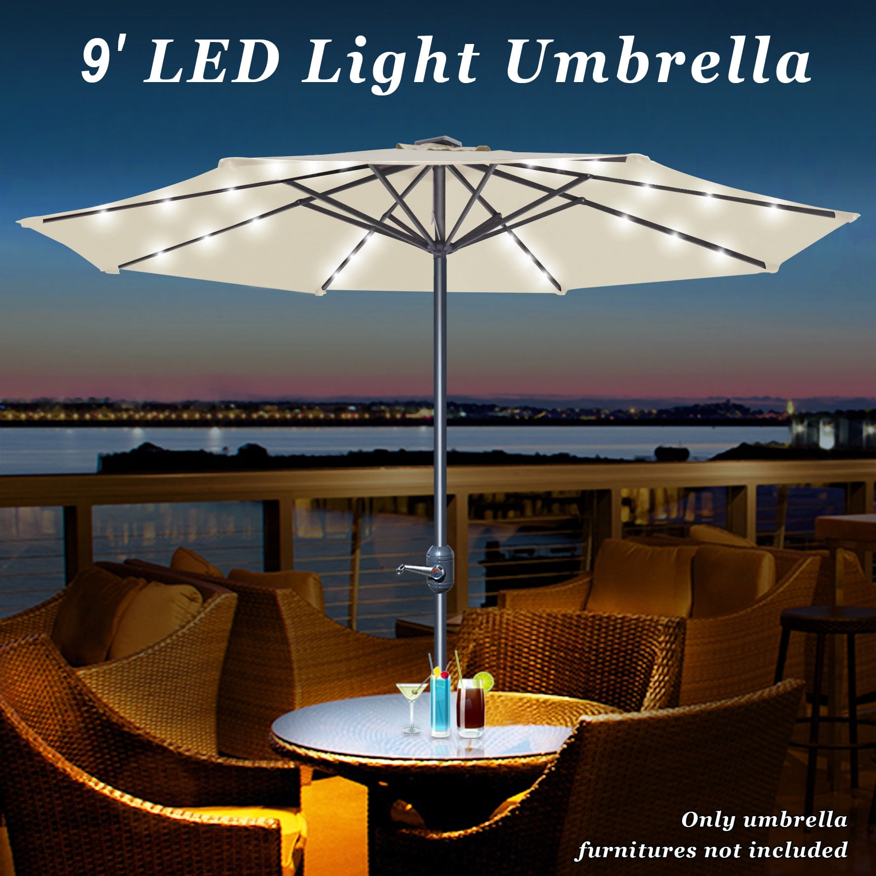 Sunny 9' Aluminum Solar Powered Patio Umbrella 24 LED Light Parasol Sunshade with Crank (Ecru)