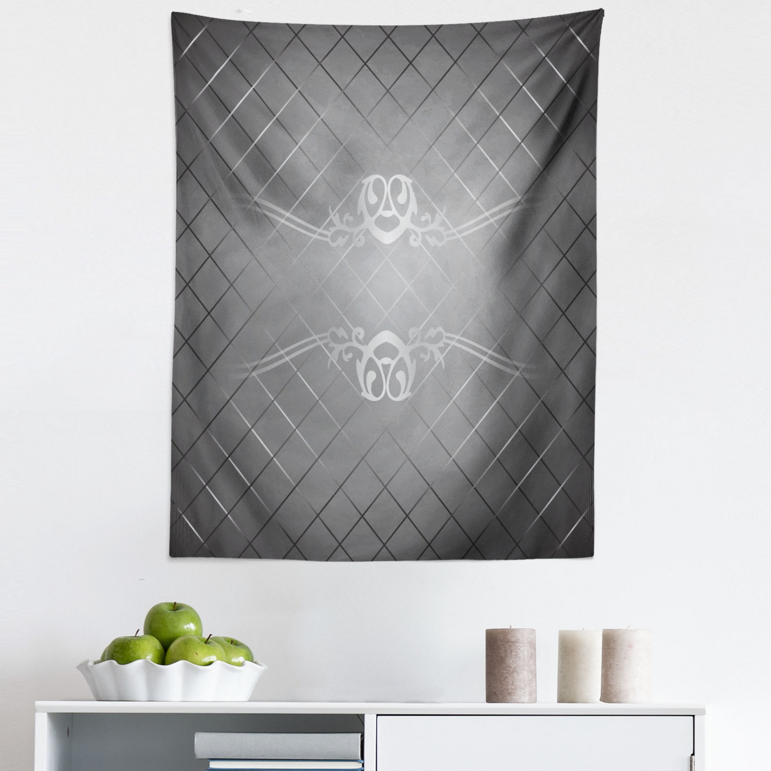 Checkered Scroll Pattern Grey Tapestry, Checkered Pattern with Scroll Detail Abstract Victorian ...