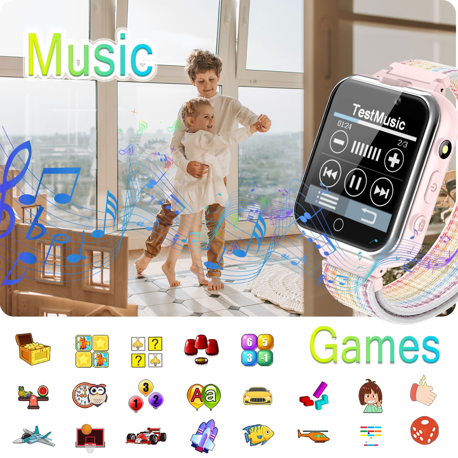 PTHTECHUS 1.54" Smart Watch for Boys Girls Smartwatch for Kids with Dual Camera Games Pedometer Video MP3 Flashlights Calculator Alarm Clock Children Touch Screen Pink