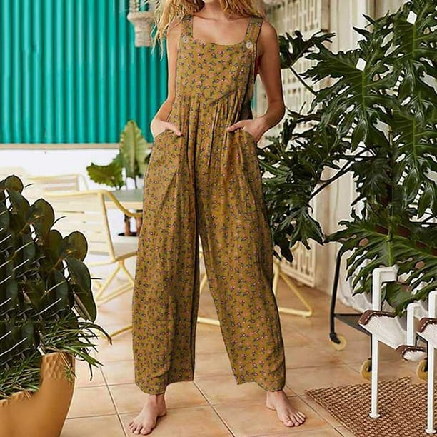 Floral Jumpsuits for Women Summer Comfy Cotton Bib Overalls Pocketed Boho  Long Wide Leg Flower Rompers Jumpsuit 