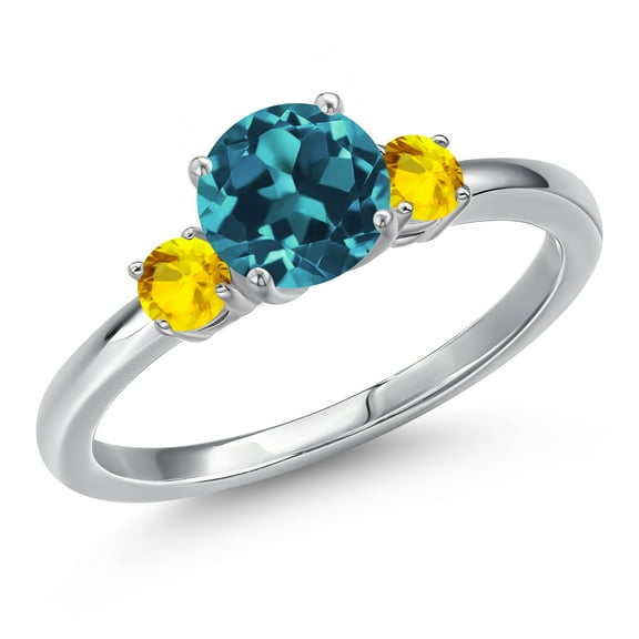 Gem Stone King 14K White Gold London Blue Topaz and Yellow Sapphire Engagement Ring for Women | 1.60 Cttw | Round 6.5MM | Gemstone November Birthstone | Size 8