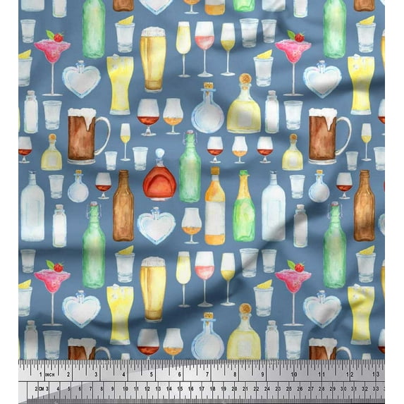 Soimoi Viscose Chiffon Fabric Bottle,Wine & Beer Bar Print Fabric by Yard 42 Inch Wide