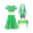 thumbnail image 2 of TTAO 4Pcs Belly Dance Set for Girls Sequins Crop Top Skirt with Hip Scarf Headwear Indian Dance Outfits Green 2-3, 2 of 5