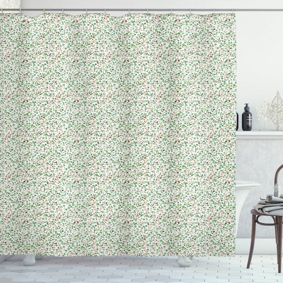 Leaves Shower Curtain, Flourishing Nature Theme with Fresh Foliage Flower Blooms and Sparrows, Fabric Bathroom Set with Hooks, 69W X 75L Inches Long, Green Pink Olive Green, by Ambesonne