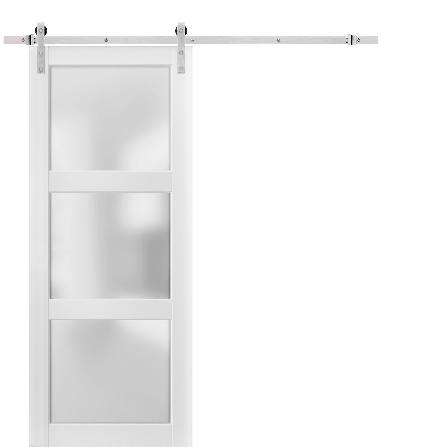Sturdy Barn Door 32 x 80 inches Frosted Glass 3 Lites | Lucia 2552 Matte White | Top Mount Stainless Steel 6.6FT Rail Hangers Heavy Set | Solid Panel Interior Doors