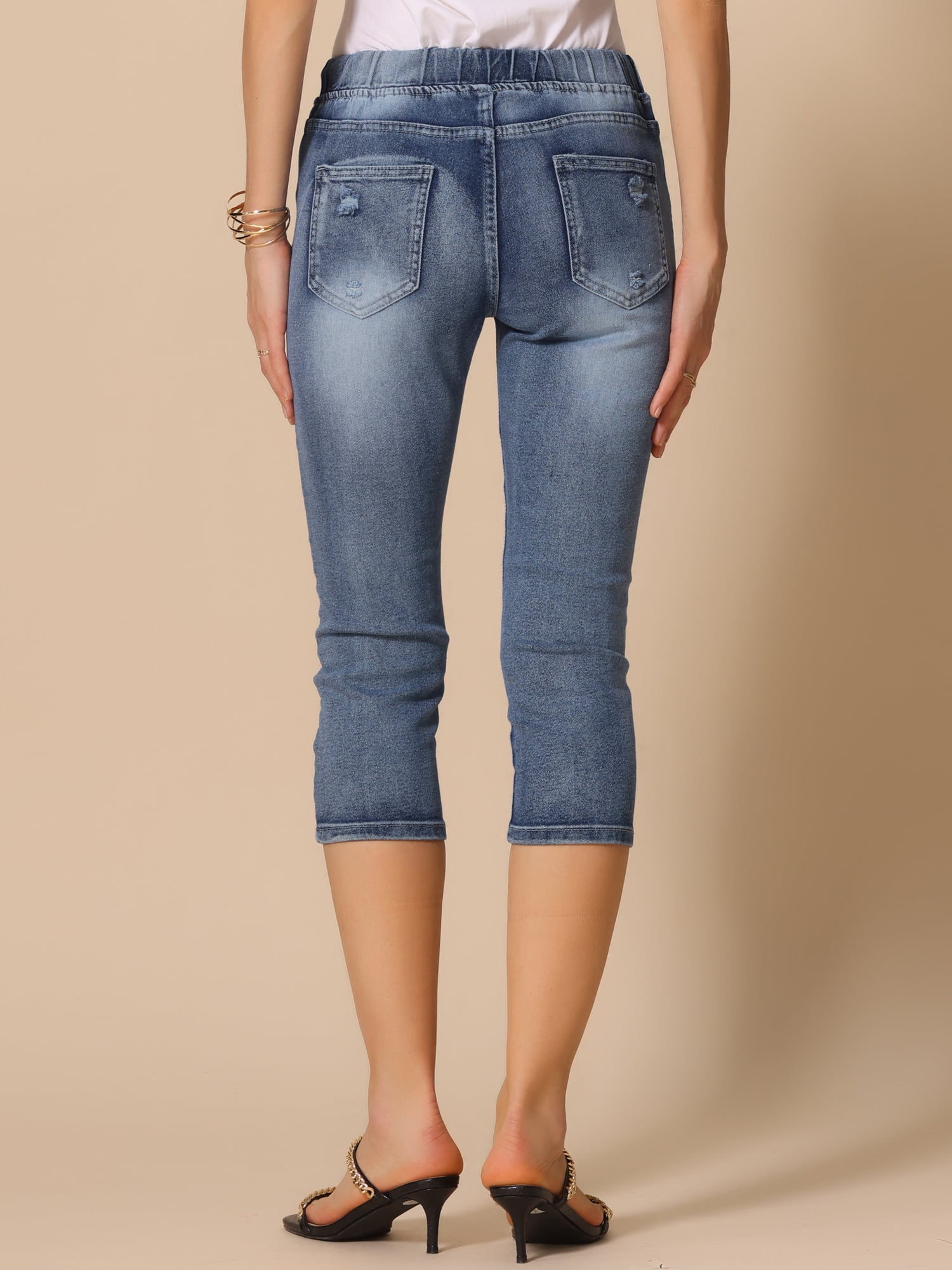 DARING DIVA Women's Denim Capri Pants Distressed Drawstring Skinny Jeans S Blue