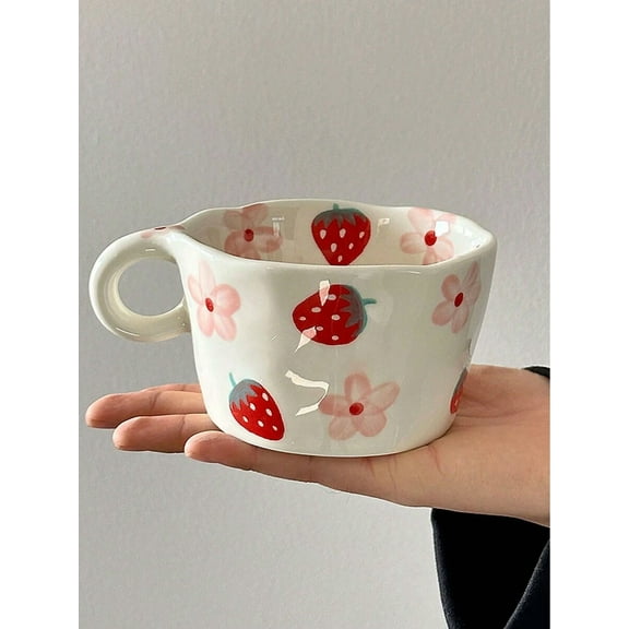 1pc Hand-Painted Strawberry Porcelain Coffee Cup - Ceramic Tea Cup with Handle, Creative Design - For Hot/Cold Beverages, Year-Round Use - Ideal Gift for Christmas, Weddings, Birthdays