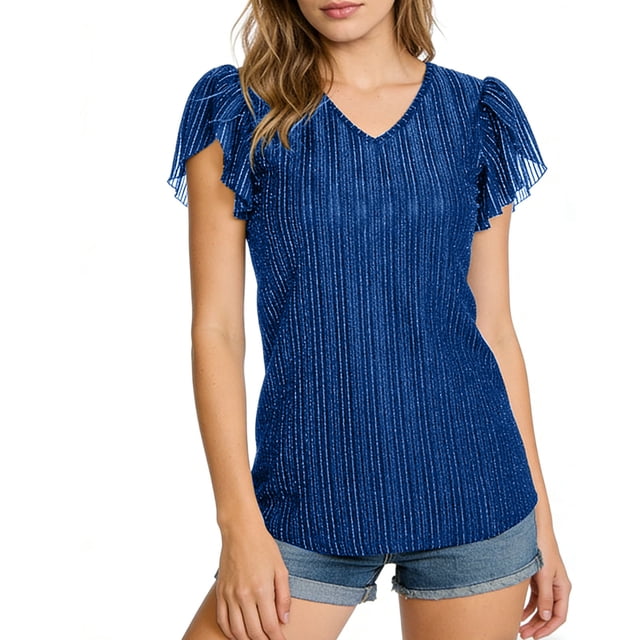 Craaazy Womens Plus Size Shimmer V Neck T-Shirt with Ruffle Flutter Sleeves Solid Color Top for Casual Occasions