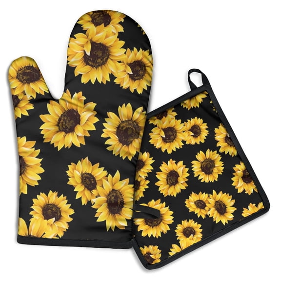Black Sunflower Pattern Kitchen Oven Mitt and Pot Holder Sets 2 Pcs for Baking, Cooking and Grilling, Heat Resistant Up To 392 °F