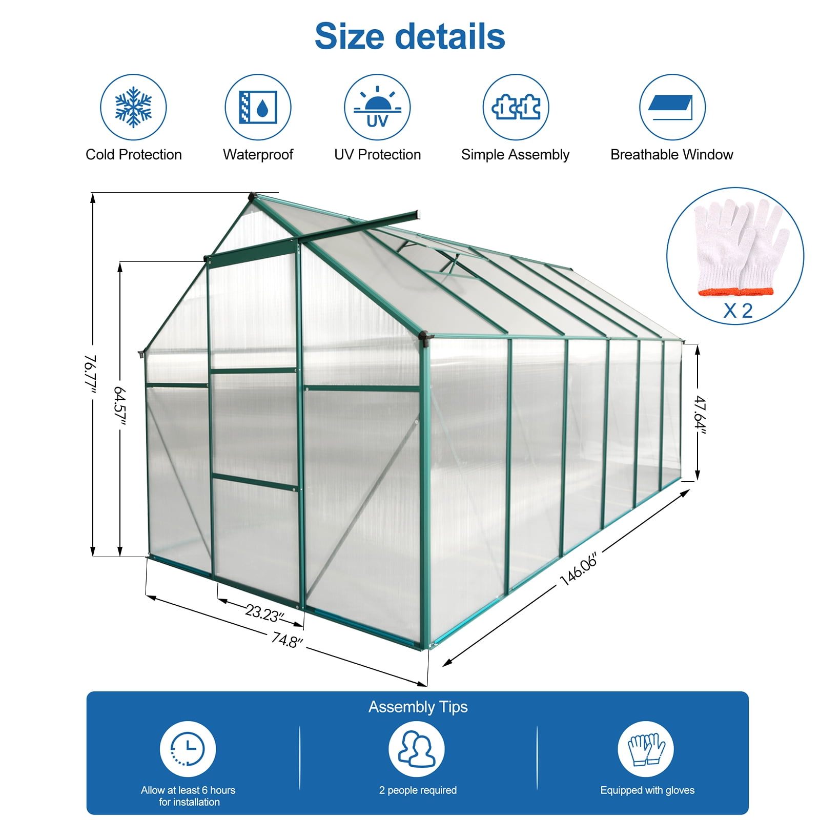 Roninkier 6x12 ft Walk-in Polycarbonate Greenhouse for Outdoor Backyard in All Season