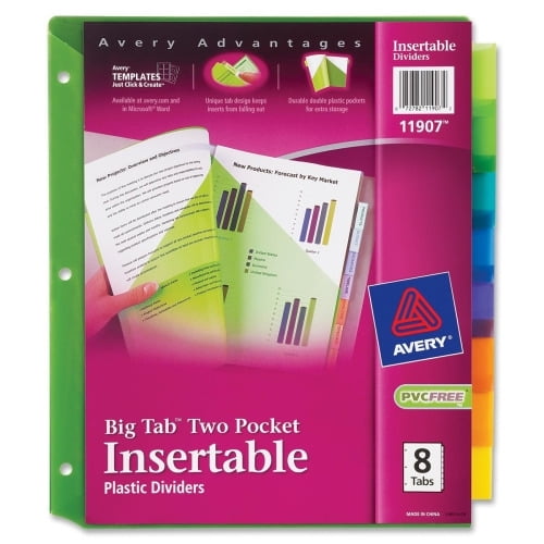 Avery Big Tab Insertable Two-Pocket Plastic Dividers, 8-Tab Set, Multicolor (11907) 8 Print-on Tab(s) - 8 Tab(s)/Set - 3 Hole Punched - Multicolor Plastic Divider - Multicolor Plastic Tab(s) - 8 / S