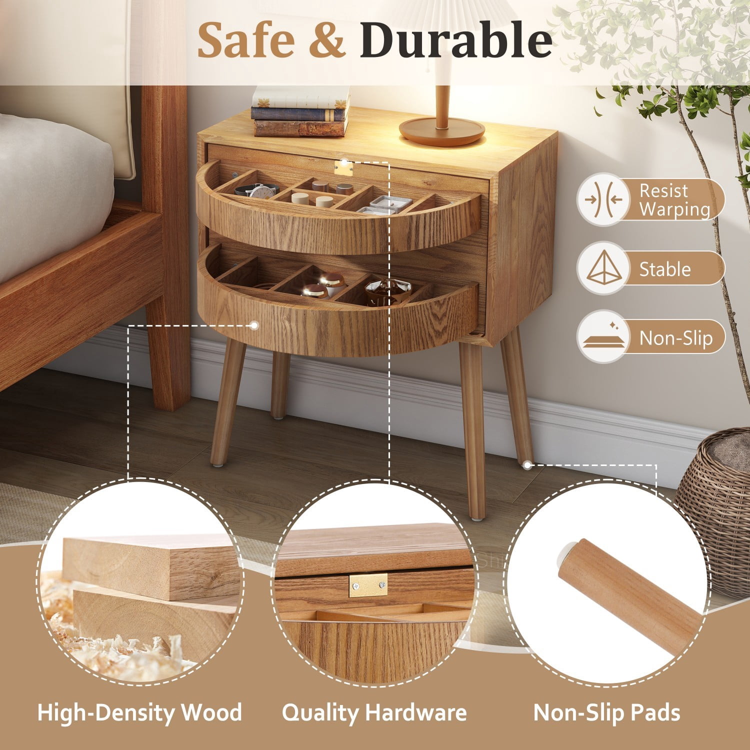 Rotating Hidden Compartment Nightstand, Mid Century Modern Rattan Bedside Table with Concealed Storage, Wood Legs End Table for Bedroom Living Room Dorm, Natural