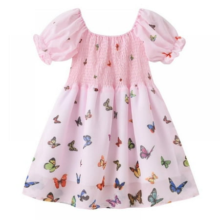 

BULLPIANO Toddler Baby Tulle Clothes Sets Kids Girls Short Bubble Sleeve Butterfly Elastic Waist Summer Princess Dress Outfits
