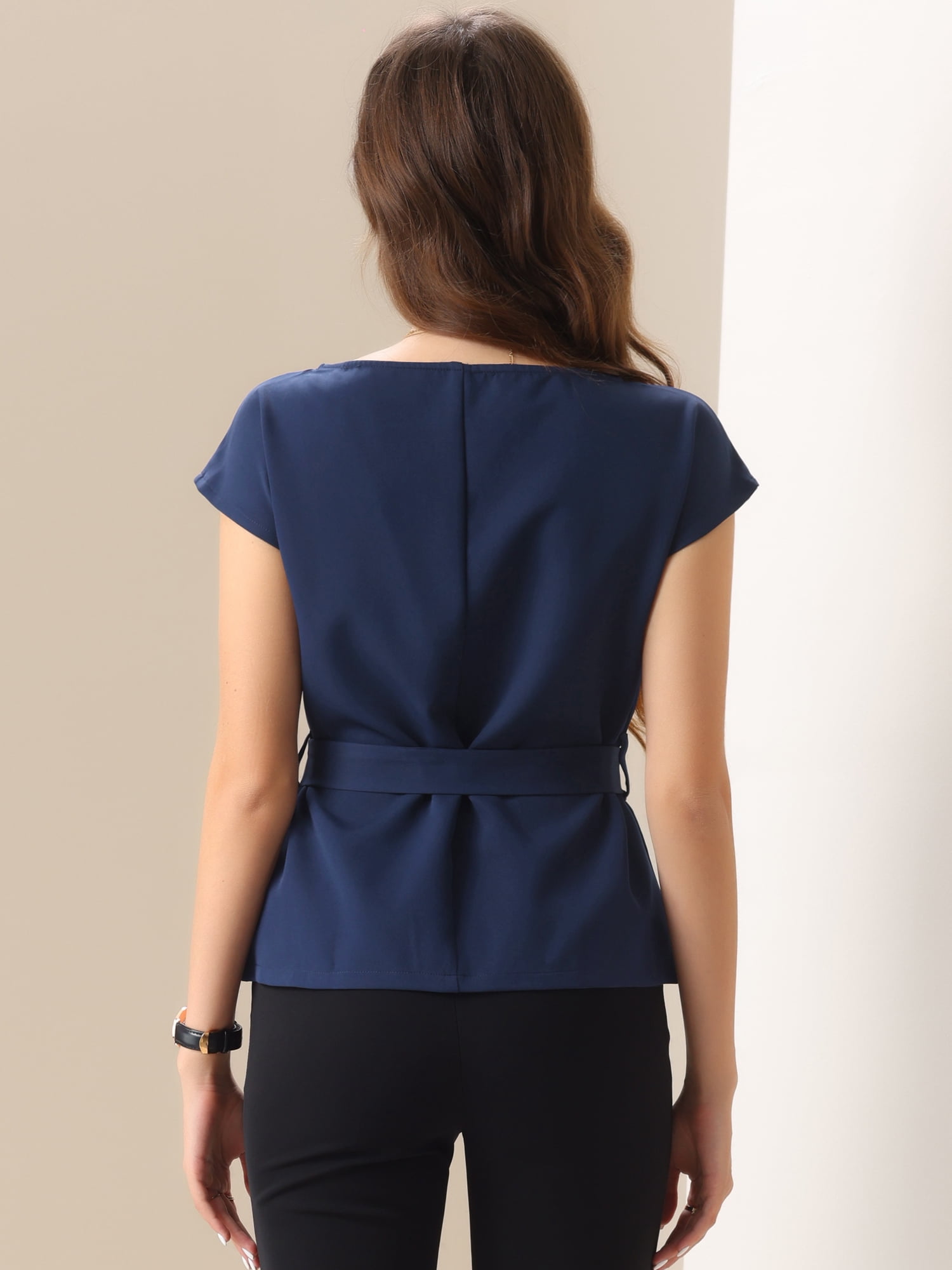 DARING DIVA Women's Cap Sleeve Top Boat Neck Belted Peplum Tops S Dark Blue