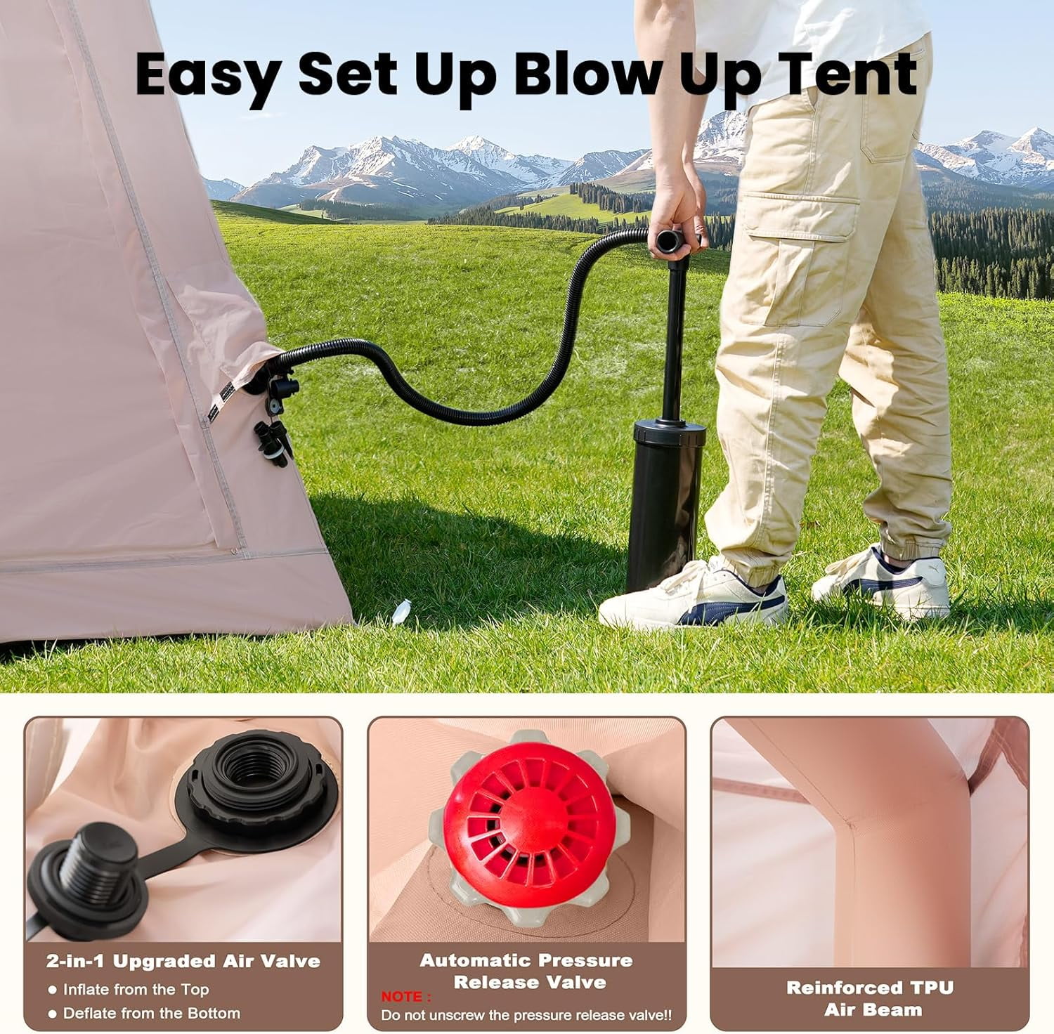 Slsy 4-6 Person Inflatable Camping Tents with Hand Pump & Carry Bag, Air Glamping Tents, Easy Setup Waterproof Windproof Blow up Tent, 4 Seasons Oxford Cabin Tent with Mesh & Chimney Window