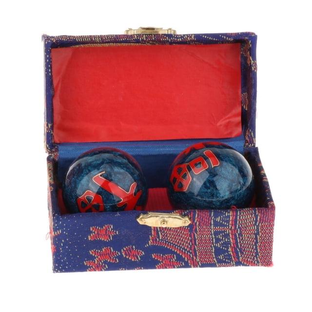 2 Pieces Hand Massage Balls, Chinese Exercise Handballs with Storage Box, Durable, Compact Relaxation, Chinese Baoding Balls, for Kids Seniors Fu Word Blue