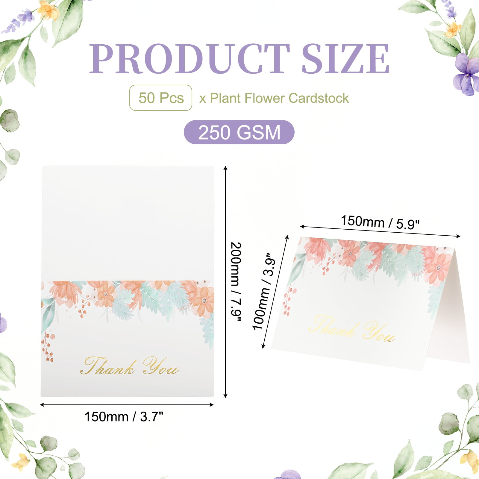 Uxcell 50Pcs Thank You Cards, 5.9"x7.9" Floral Folded Blank Cardstock, Thank You Notes for Greeting Cards Wedding Graduation Birthday DIY Craft Invitations, Orange Daisy Style