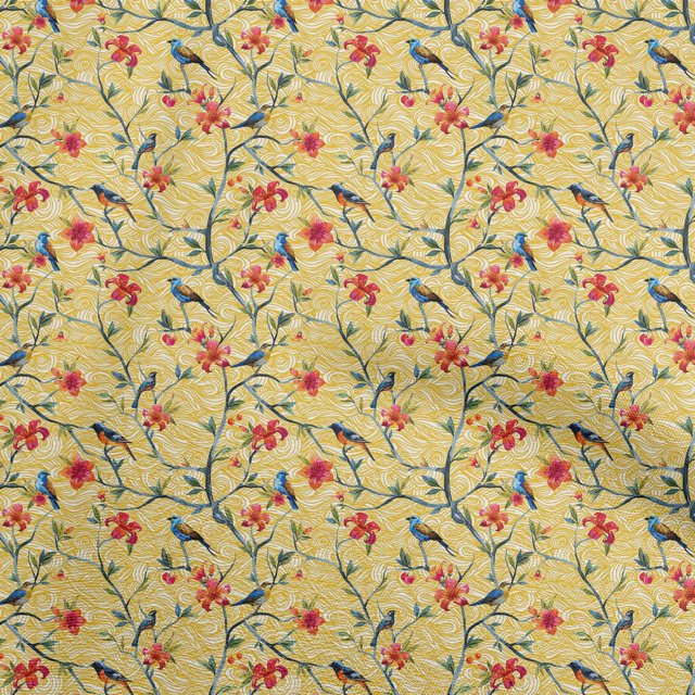 oneOone Polyester Spandex Yellow Fabric Floral Flower With Bird Sewing Material Print Fabric By The Yard 56 Inch Wide