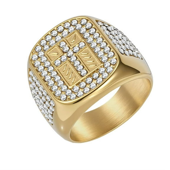 PAMTIER Men's Women's Stainless Steel Hip Hop Punk Cubic Zirconia Inlay Cross Ring Gold Size 8