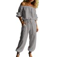 thumbnail image 2 of BESEW7 Off Shoulder Jumpsuits for Women, Summer Casual Loose Rompers with Pockets Roll Up Sleeve Elastic Waist for Daily Beach Vacation Gray L, 2 of 7