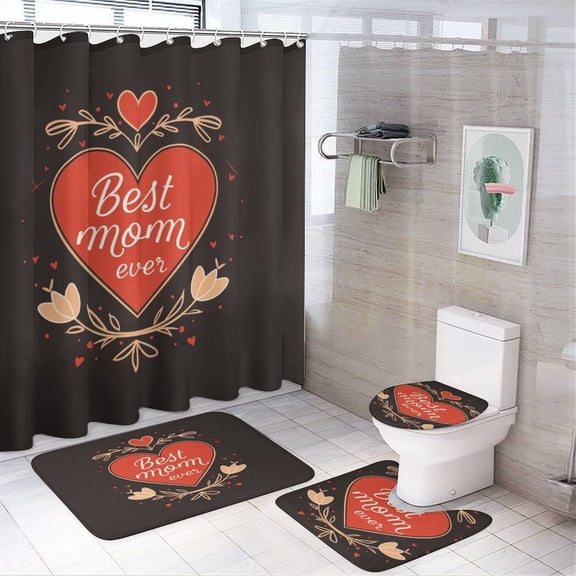4 Piece Bathroom Rug Set with Shower Curtain Best Mom Ever Bathroom Sets with Shower Curtain And Rugs 4 Piece Happy Mother's Day Bathroom Shower Curtains Sets for Bathtub Decor 72inch X 72inch