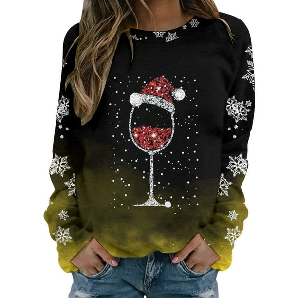 Gibobby Sudaderas para mujer Sudadera de manga larga con cuello redondo y estampado de copa de para mujer Top informal(Amarillo,M)