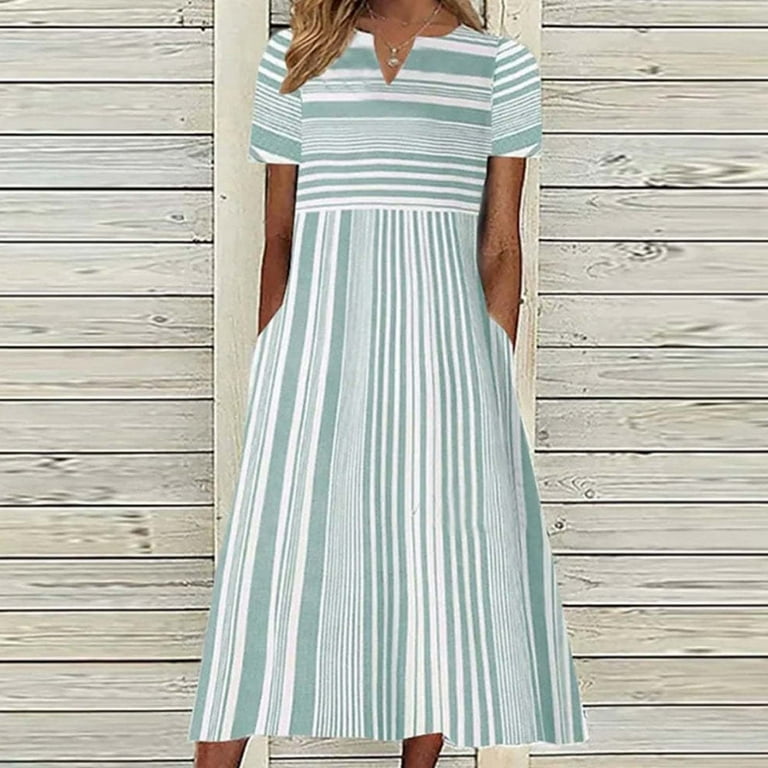 IROINNID Women's V-Neck Shift Dress Fashion Casual Sleeve Striped Print  Pocket Maxi Dress Ankle-Length Dress - Walmart.com