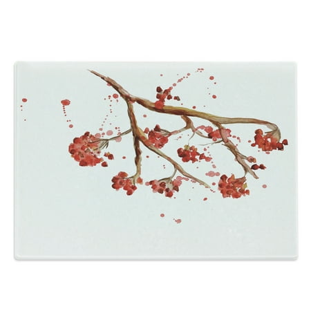 

Rowan Cutting Board Rowan Berry Branch with Watercolor Splashes Floral Abstract Display Decorative Tempered Glass Cutting and Serving Board Large Size Red Brown White by Ambesonne