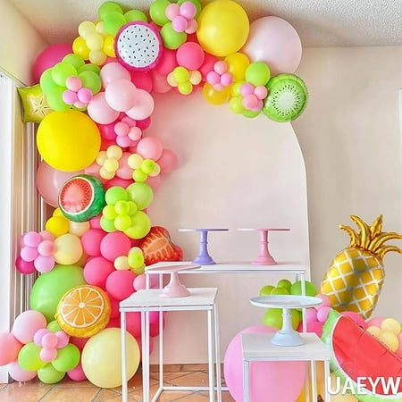 149pcs Fruit Balloon Garland Arch Kit Pink Yellow Green Balloons with Mixed Waterlemon Pineapple Mylar Foil Balloons for Twotti Fruity Party Decorations 2nd Birthday Party Summer Supplies
