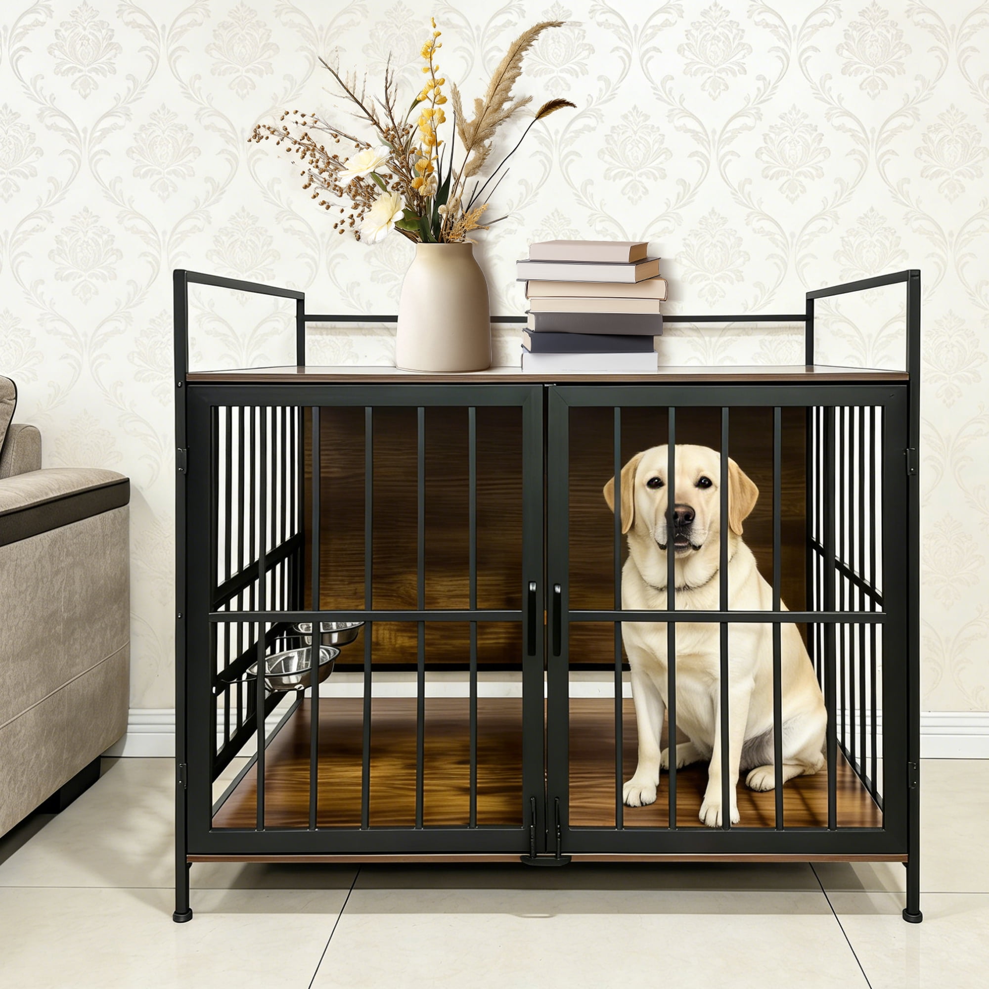Nygira 41 Inch Dog Crate Furniture with 360° Rotatable Bowls, Wooden Kennel with Double Doors for Large Dogs, Indoor Pet House End Table, Rustic Brown