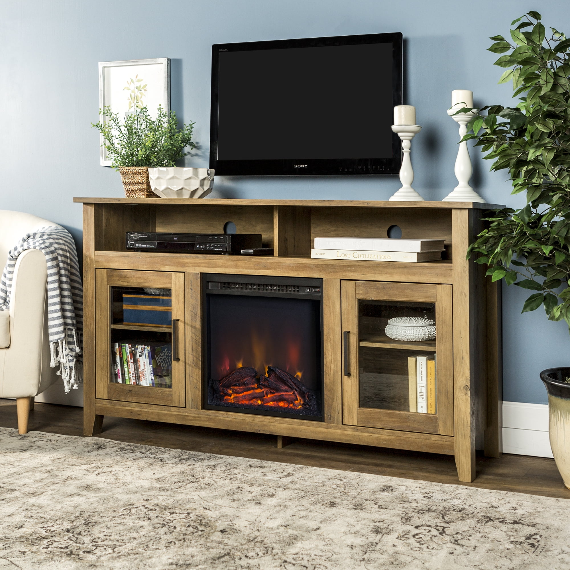 Walker Edison Tall Fireplace TV Stand for TVs up to 64" Rustic Oak