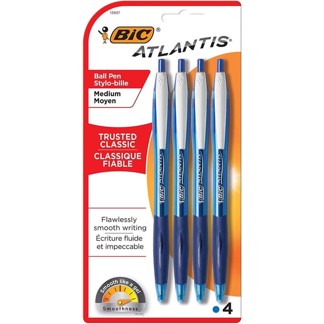 Bolígrafo BIC Atlantis retráctil mediano azul, paquete de 4