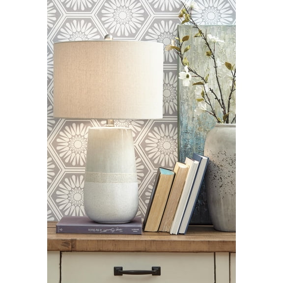 Signature Design by Ashley Shavon Ceramic Table Lamp, Beige/White, Coastal Drum Shade Lamp with 3-Way Switch