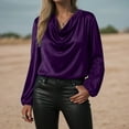 thumbnail image 4 of TTUHYWXI Women's Satin Silky Cowl Neck Drape Ruched Front Long Sleeve Blouse Shirt Top (Purple, 3XL), 4 of 7