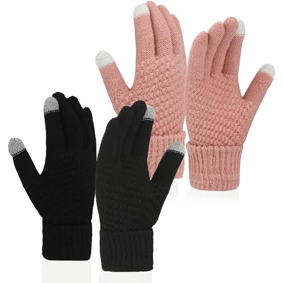 2Pairs Women's Winter Gloves Touchscreen Warm Wool Fleece Lined Knit Glove,Touch Screen Elastic Cuff Texting Thermal Gloves