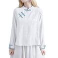 thumbnail image 2 of Endives Womens Cotton Linen Shirt Artistic Retro Embroidered Chinese Style Top Stand Collar Buckle Long Sleeve Shirt Spring Outfit White, 2 of 5